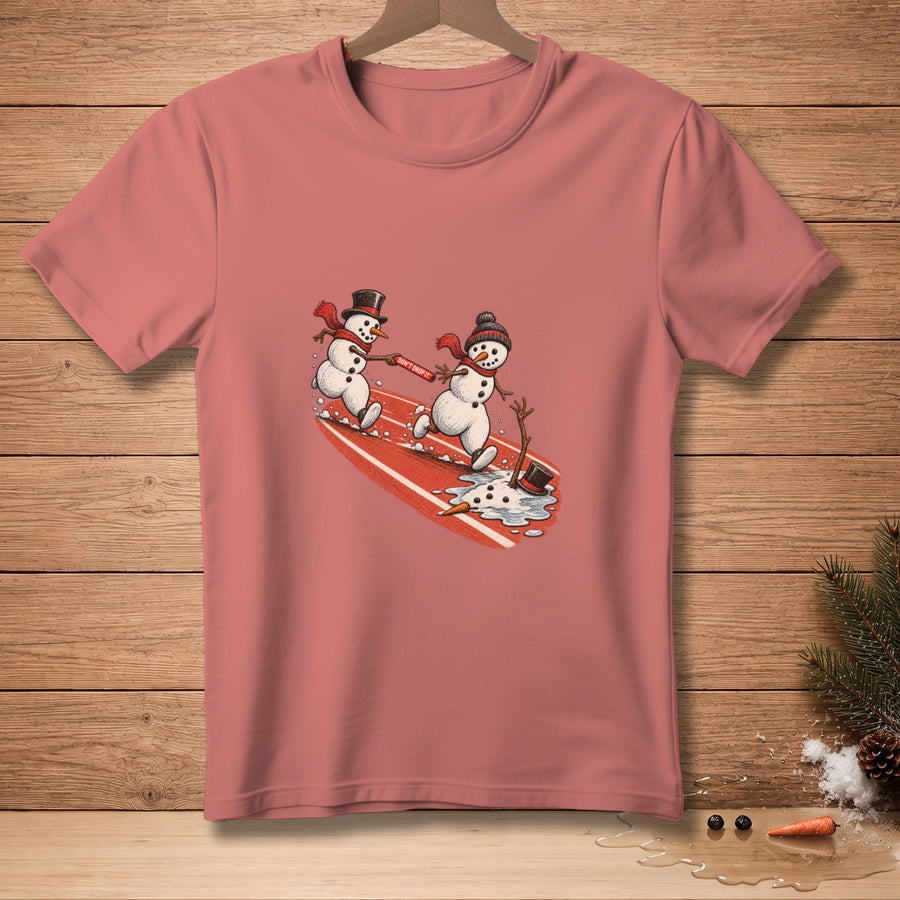 Two snowmen with scarves and hats race on a red track, one says "DON'T DROP IT".