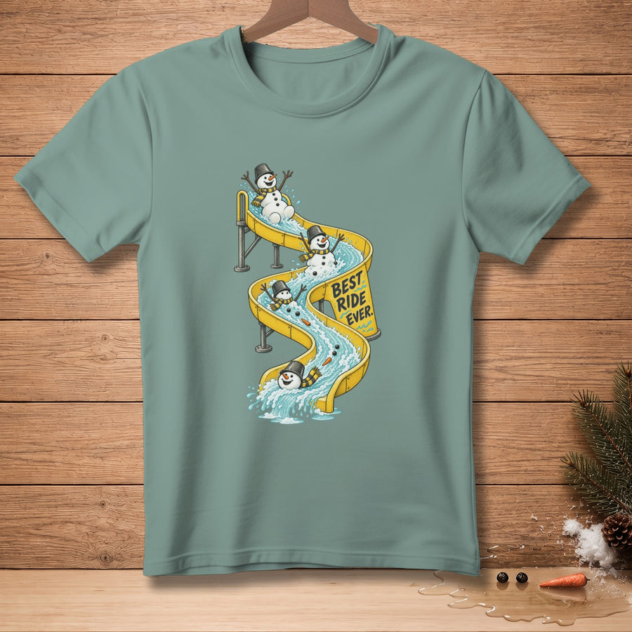 Snowmen sliding down a yellow water slide with "Best Ride Ever" text.