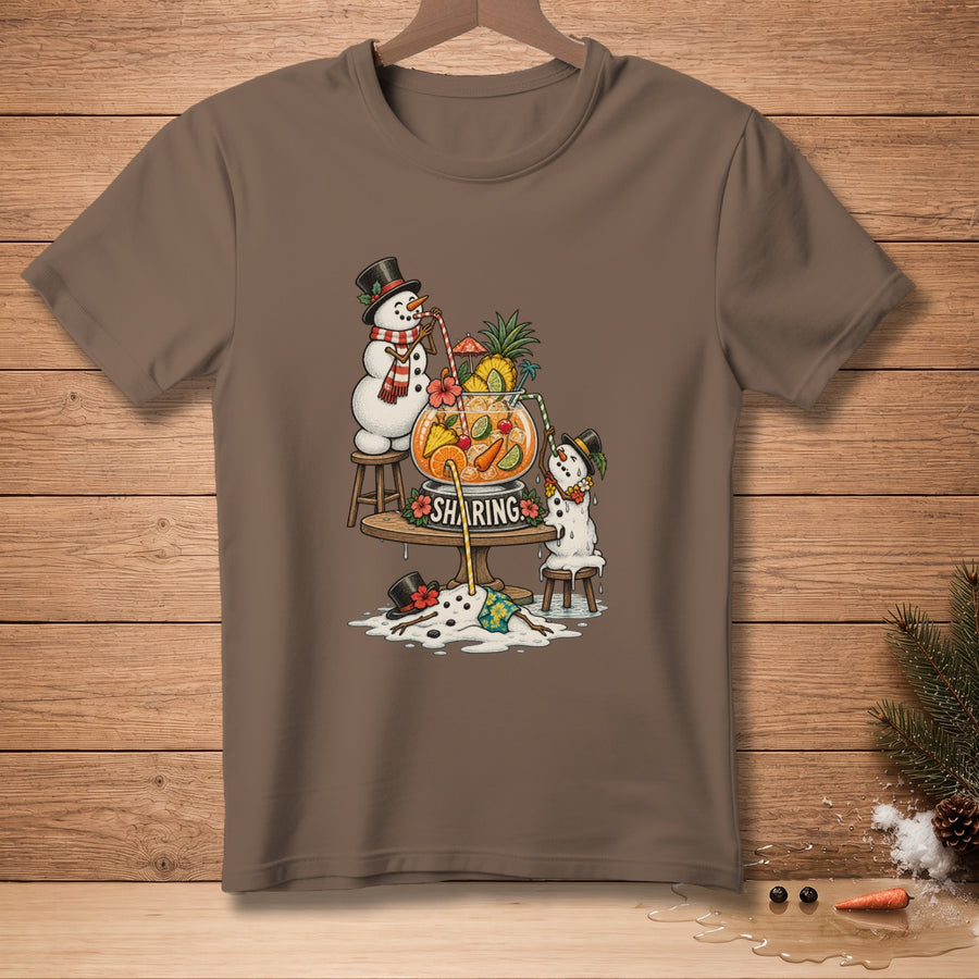Two snowmen enjoy a tropical punch bowl with a third melting snowman on a table.