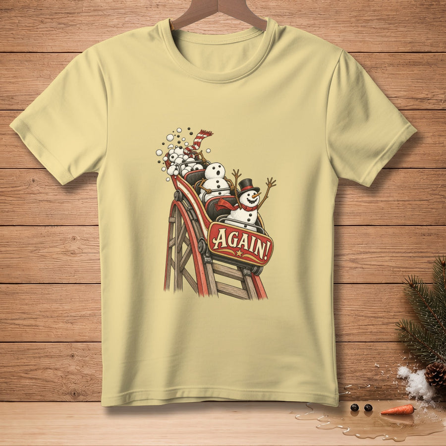 Snowmen on a roller coaster with the word "AGAIN!" on the front of the car.