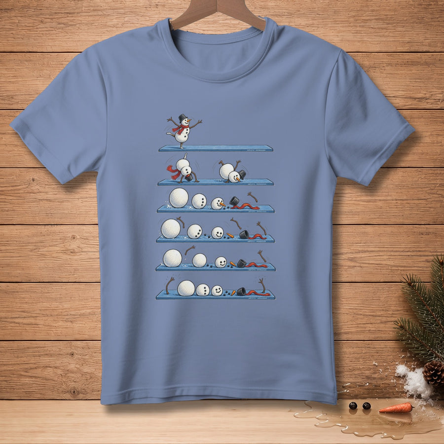 T-shirt graphic shows snowmen failing to stack their snowball bodies.