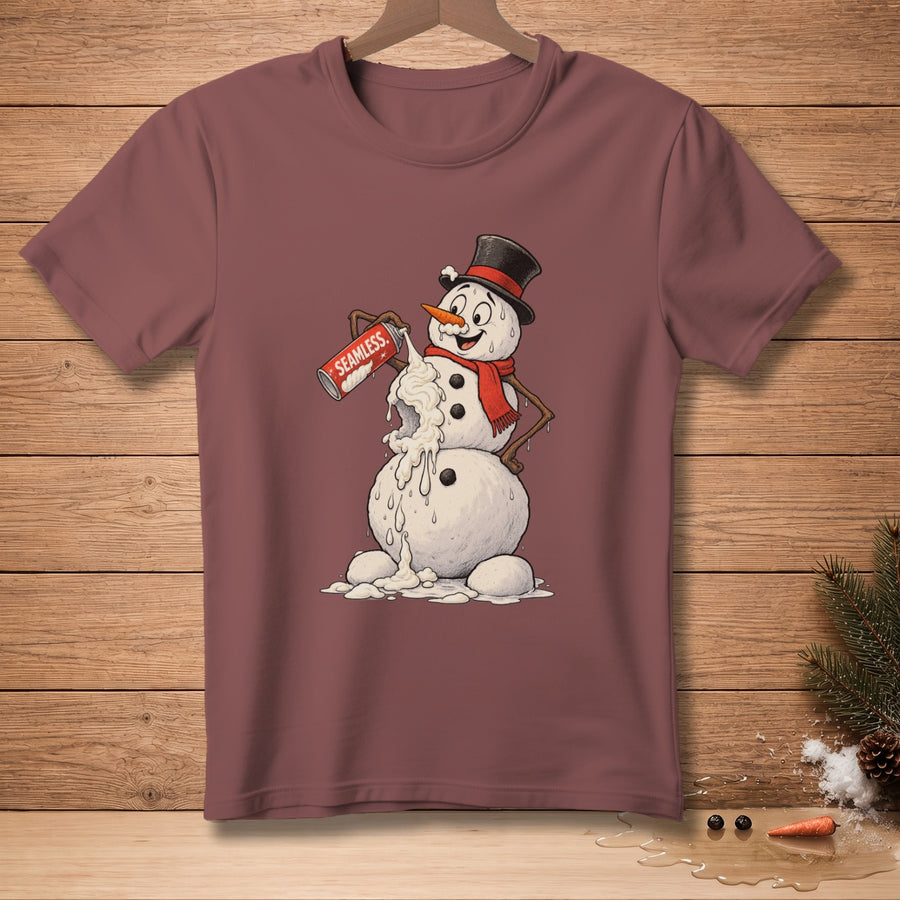 Snowman in top hat and scarf spraying whipped cream from a can labeled "SEAMLESS".