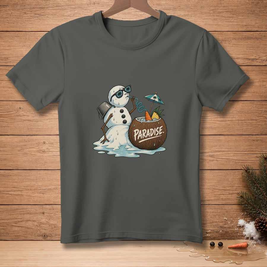 Melting snowman in sunglasses drinks from a coconut with "Paradise" text.
