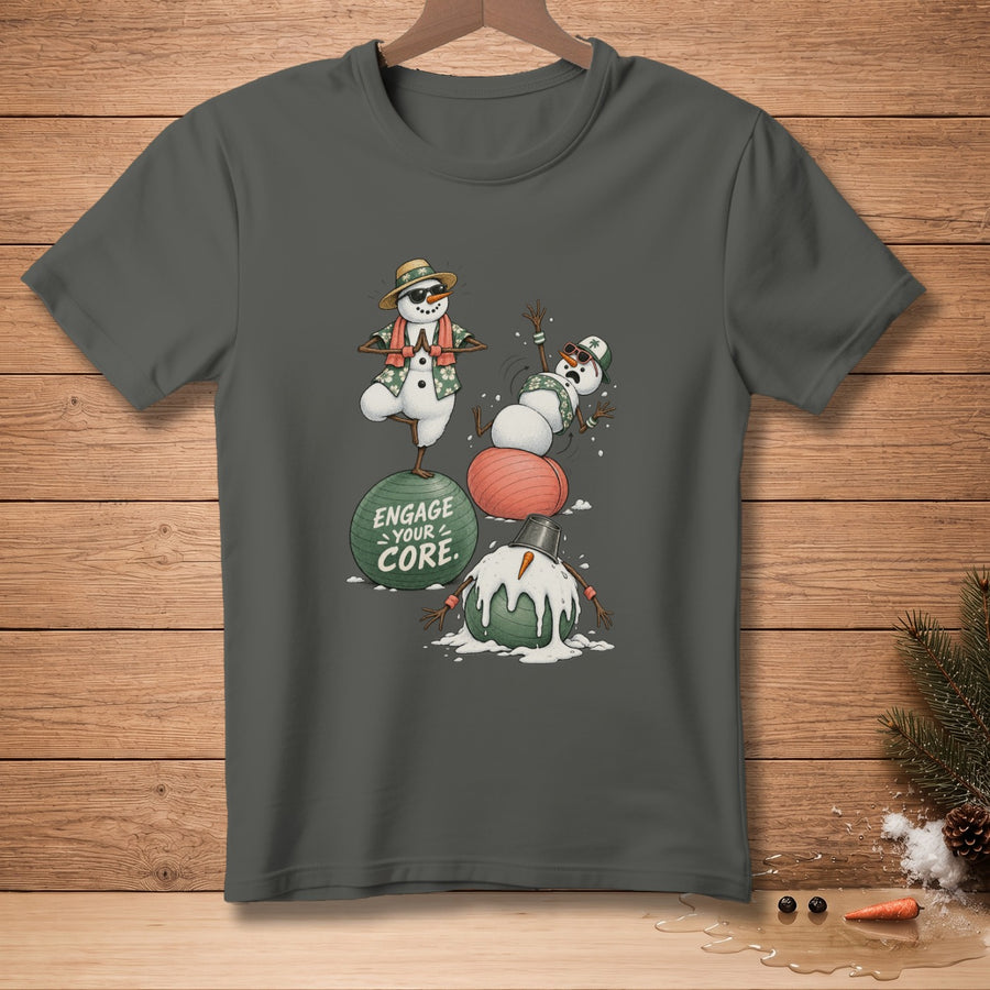 Snowmen doing yoga on exercise balls with "Engage Your Core" text.
