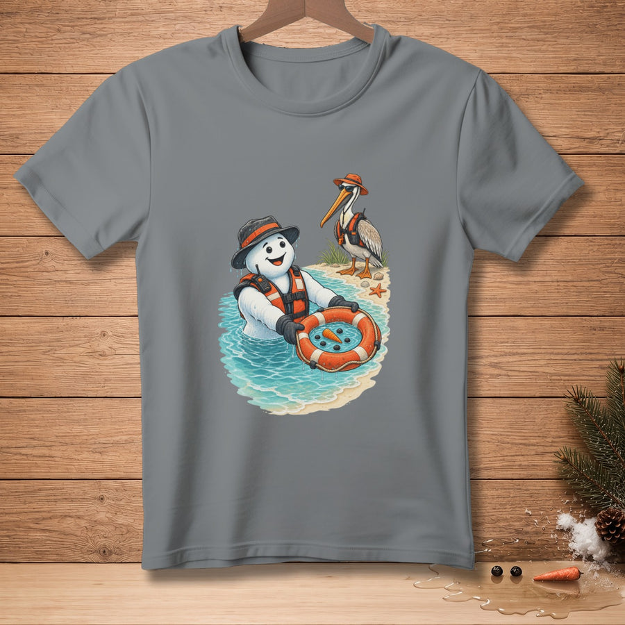 Snowman in water with life preserver, pelican on beach, summer theme graphic.