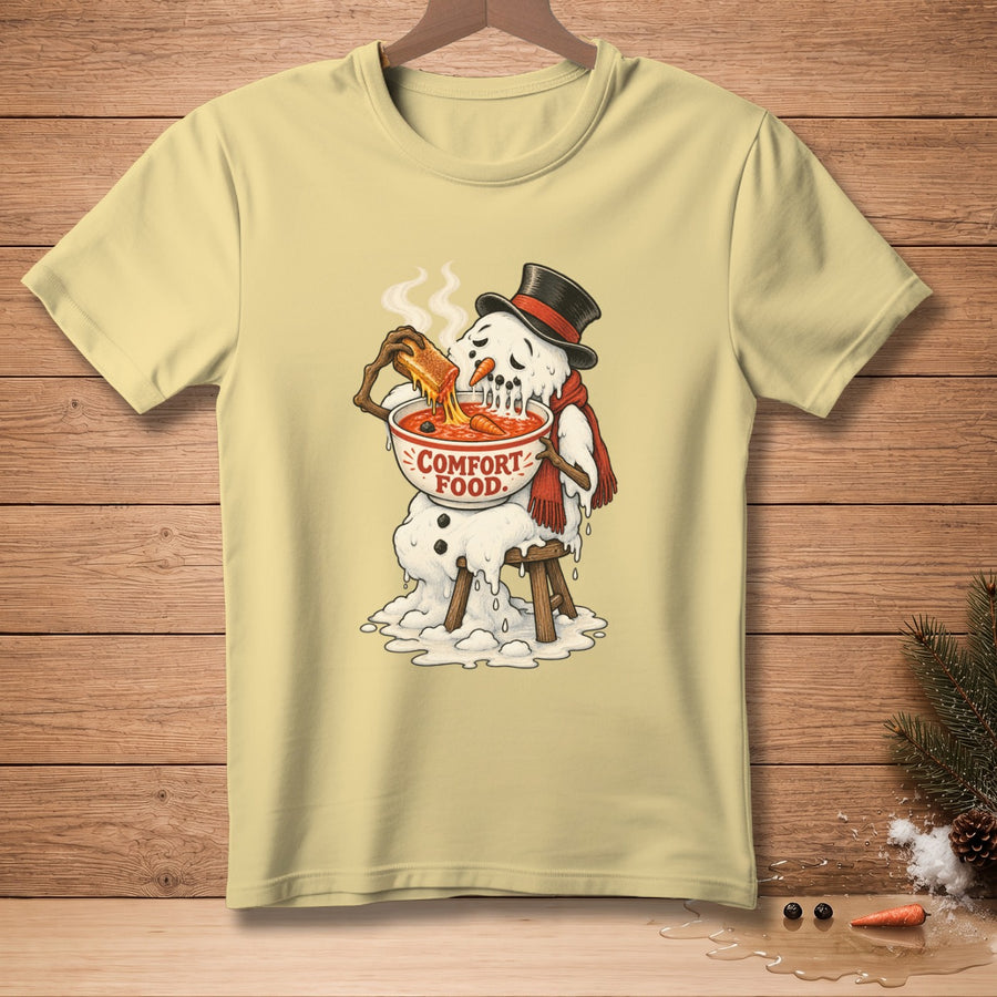 Melting snowman in top hat and scarf eats spaghetti from a bowl labeled "COMFORT FOOD."