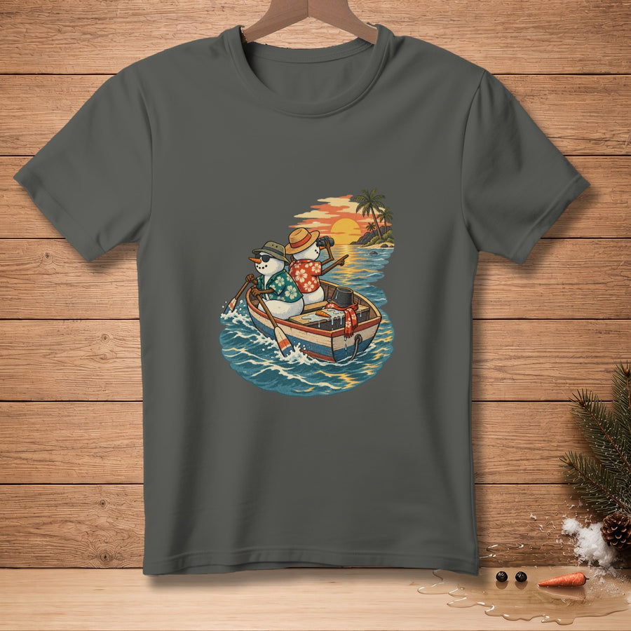 Two snowmen in a rowboat at sunset with palm trees on a distant island.