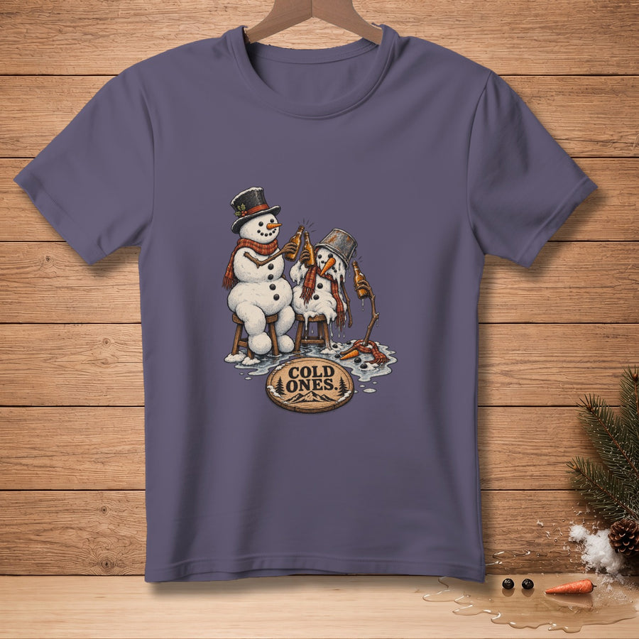 Two snowmen with hats and scarves drinking beer with "Cold Ones" text.
