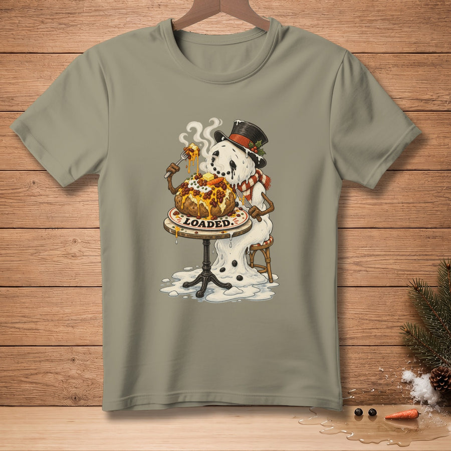 Melting snowman in top hat eats loaded baked potato with fork and knife.