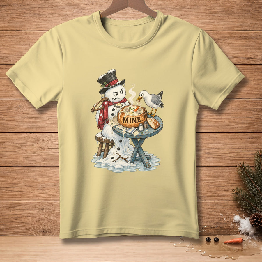 Snowman with hat and scarf eating soup, a bird pecks at the bowl labeled "MINE".