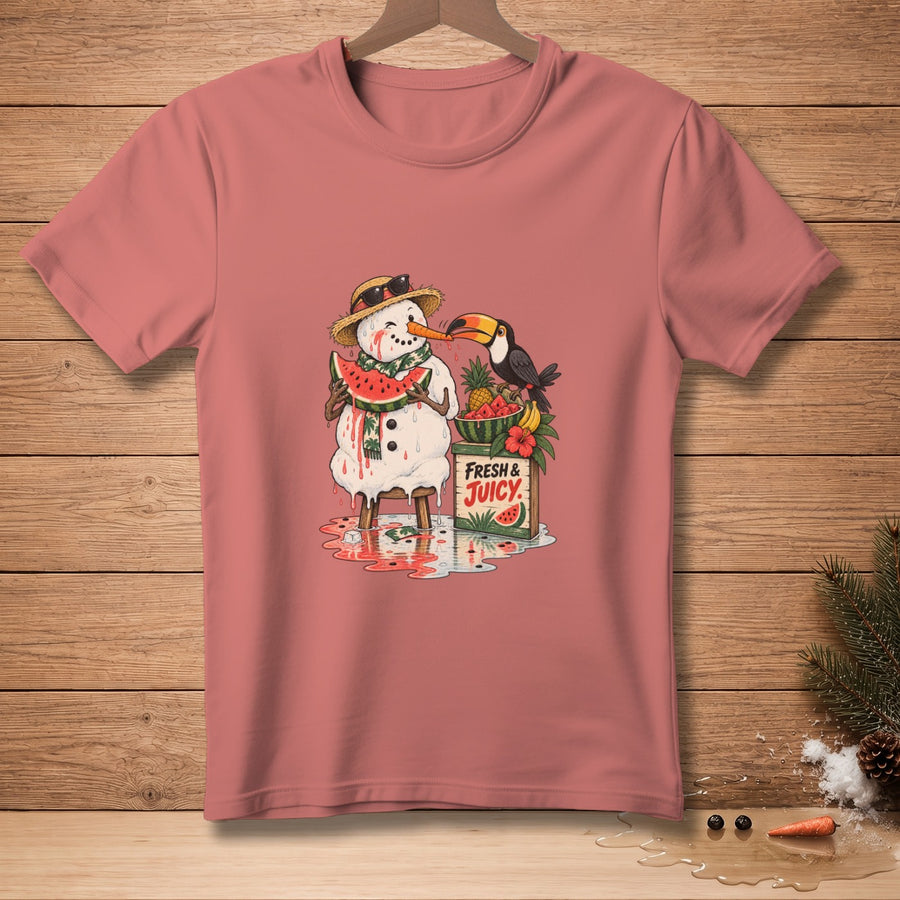 Melting snowman eating watermelon with toucan and fruit basket, text "Fresh & Juicy".