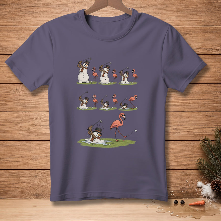 Snowmen and flamingos play golf, with snowmen melting as they swing.