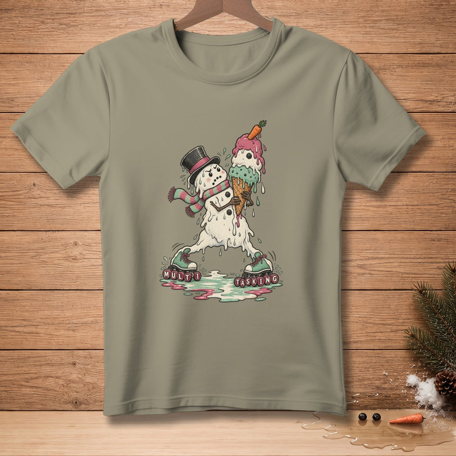 Melting snowman wearing a top hat and scarf, holding an ice cream cone, on roller skates.