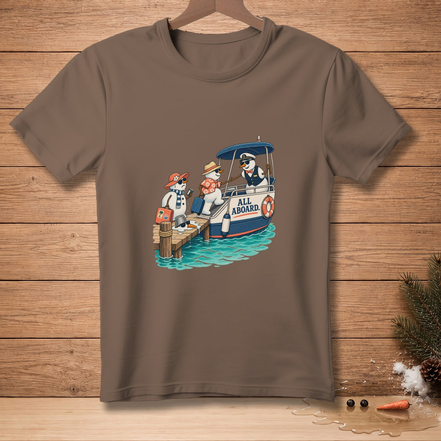 Snowmen in hats and sunglasses board a boat with "ALL ABOARD." text.
