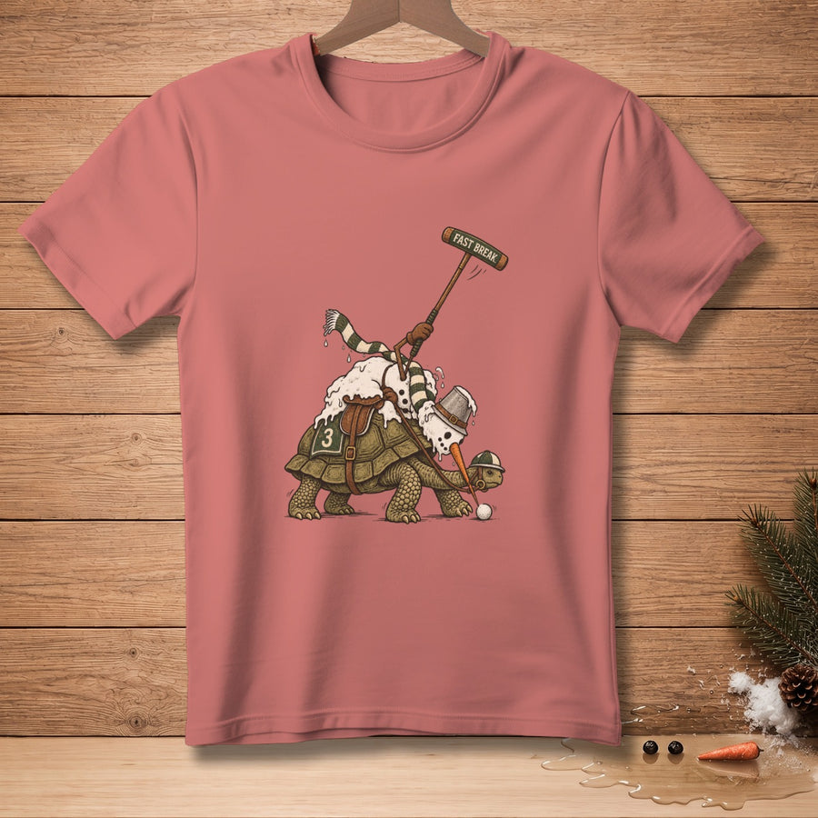 Snowman riding a tortoise playing polo with "Fast Break" text.