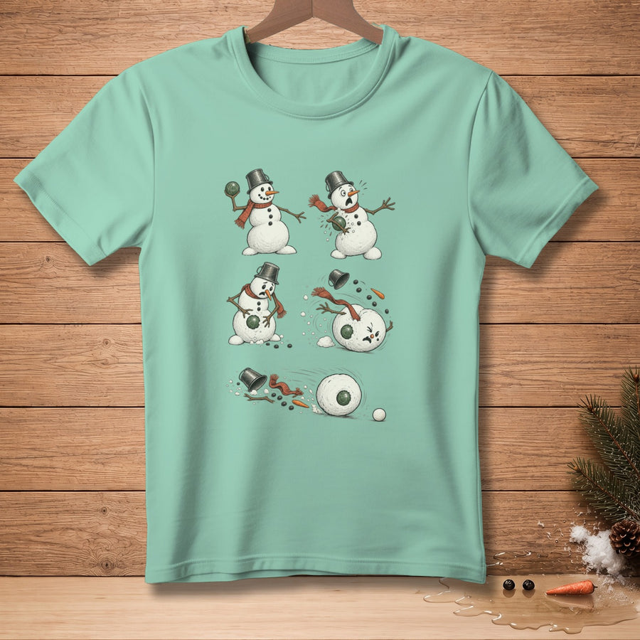 Mint t-shirt with a four-panel illustration of snowmen throwing snowballs and one falling apart.