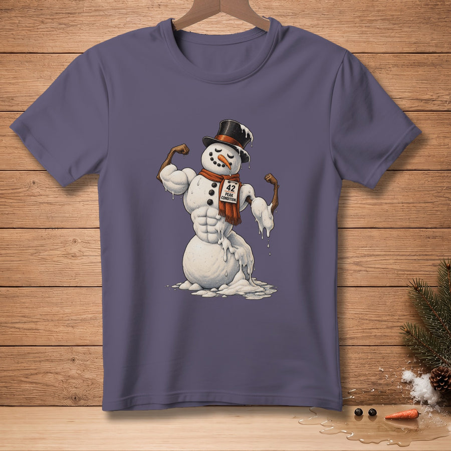 Snowman with muscles, top hat, scarf, and tag saying "42 Peak Condition."