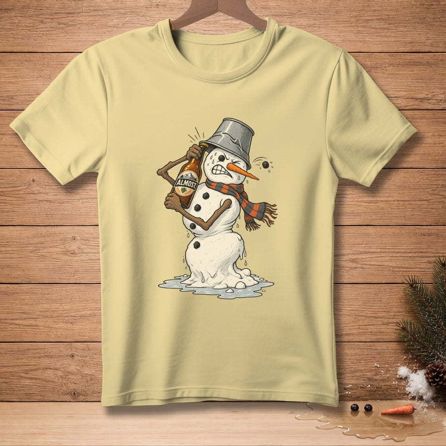 Melting snowman with bucket hat drinks beer labeled "Almost"