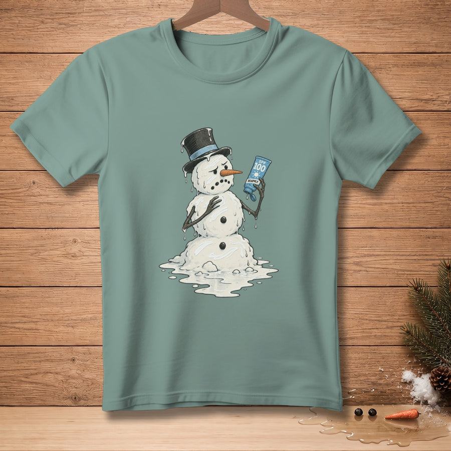 Melting snowman wearing a hat holds sunscreen with SPF 100.