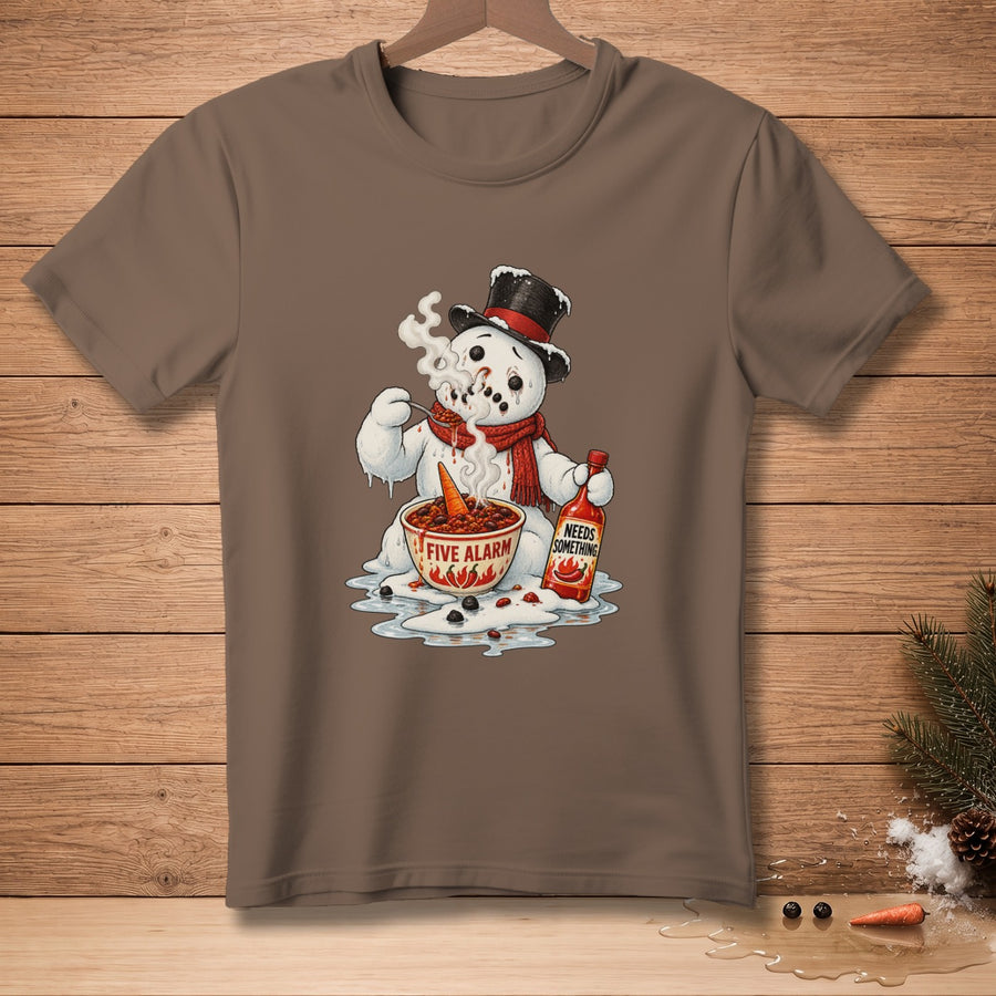 Snowman eating spicy chili from a bowl labeled "Five Alarm" and holding hot sauce.