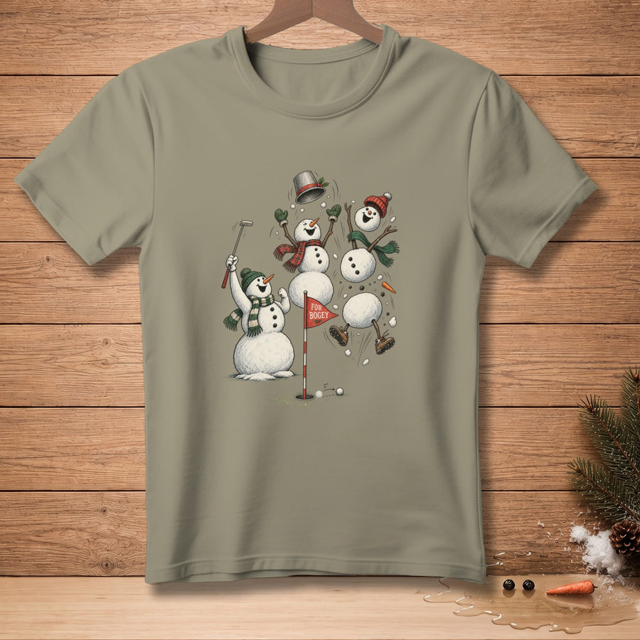 T-shirt with cartoon snowmen playing golf, "FOR BOGEY" flag.