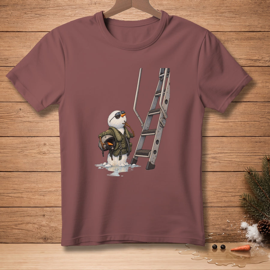 Snowman in aviator gear and helmet stands by a ladder, melting.