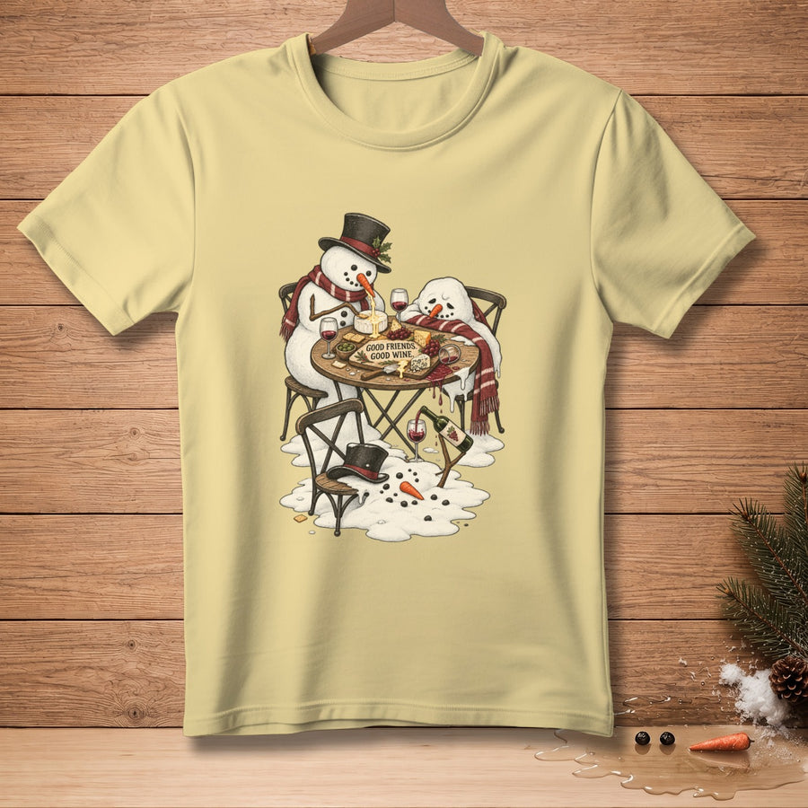 Snowmen at a table with cheese, wine, and text "GOOD FRIENDS, GOOD WINE."