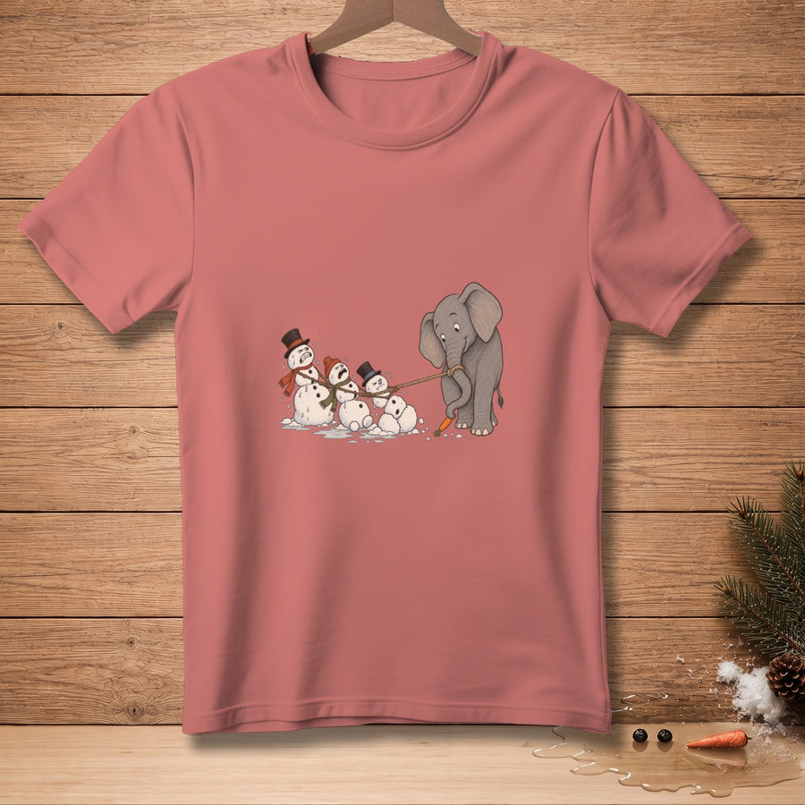 Elephant pulling snowmen with a rope, snowmen wear hats and scarves.