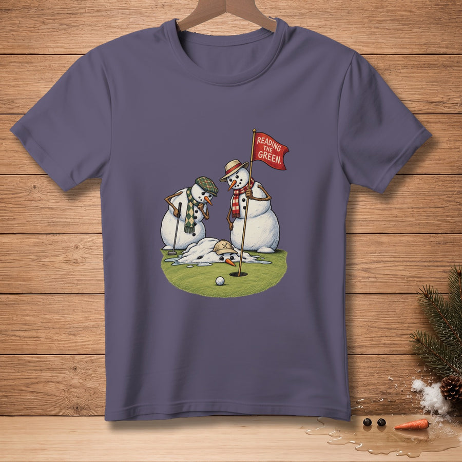 Snowmen golfers with melting snowman, golf ball, and "Reading The Green" flag.