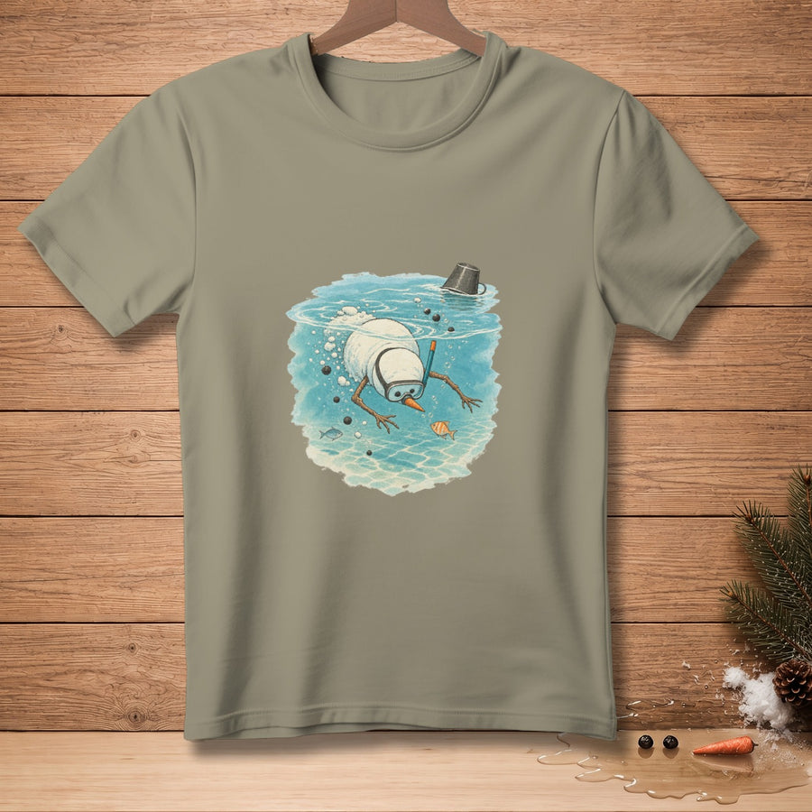 Snowman wearing goggles and snorkel swimming underwater with fish and bucket.