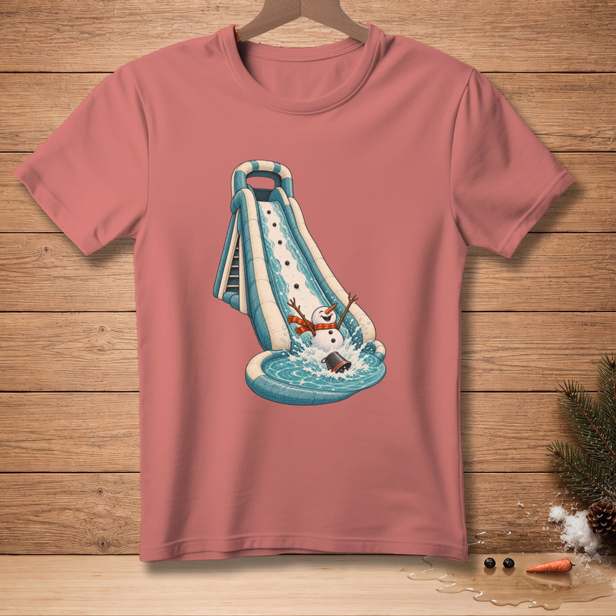 T-shirt with a snowman sliding down a water slide into a pool.