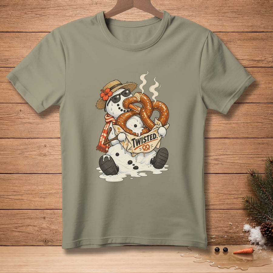 Snowman wearing sunglasses and hat, holding pretzels, with "TWISTED" text.
