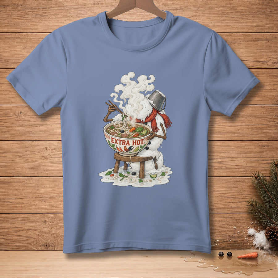 Snowman eating a bowl of pho with "EXTRA HOT" text.