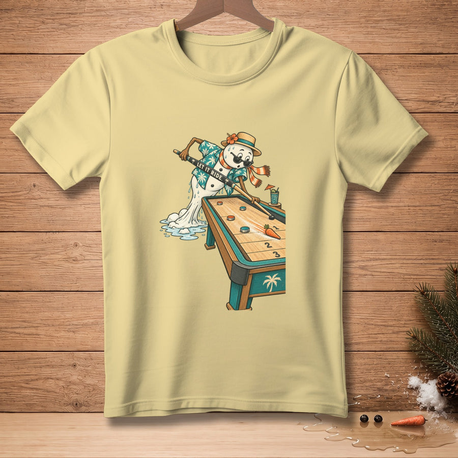 Snowman playing billiards with "Let It Ride" text on shirt.
