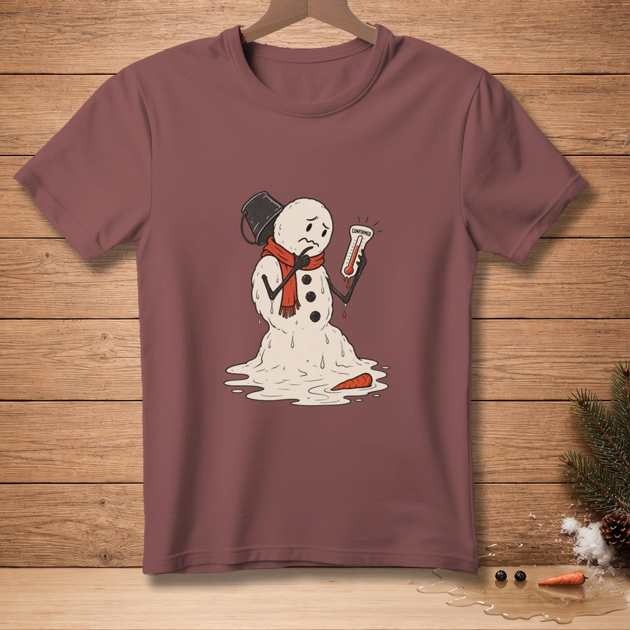 Melting snowman with red scarf holding thermometer reading "Confirmed" on a maroon t-shirt.