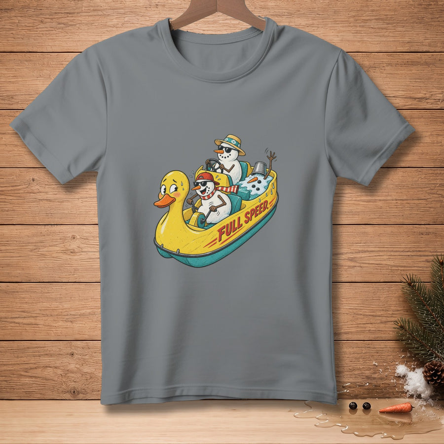 Two snowmen ride in a yellow duck-shaped boat with "FULL SPEED" text.