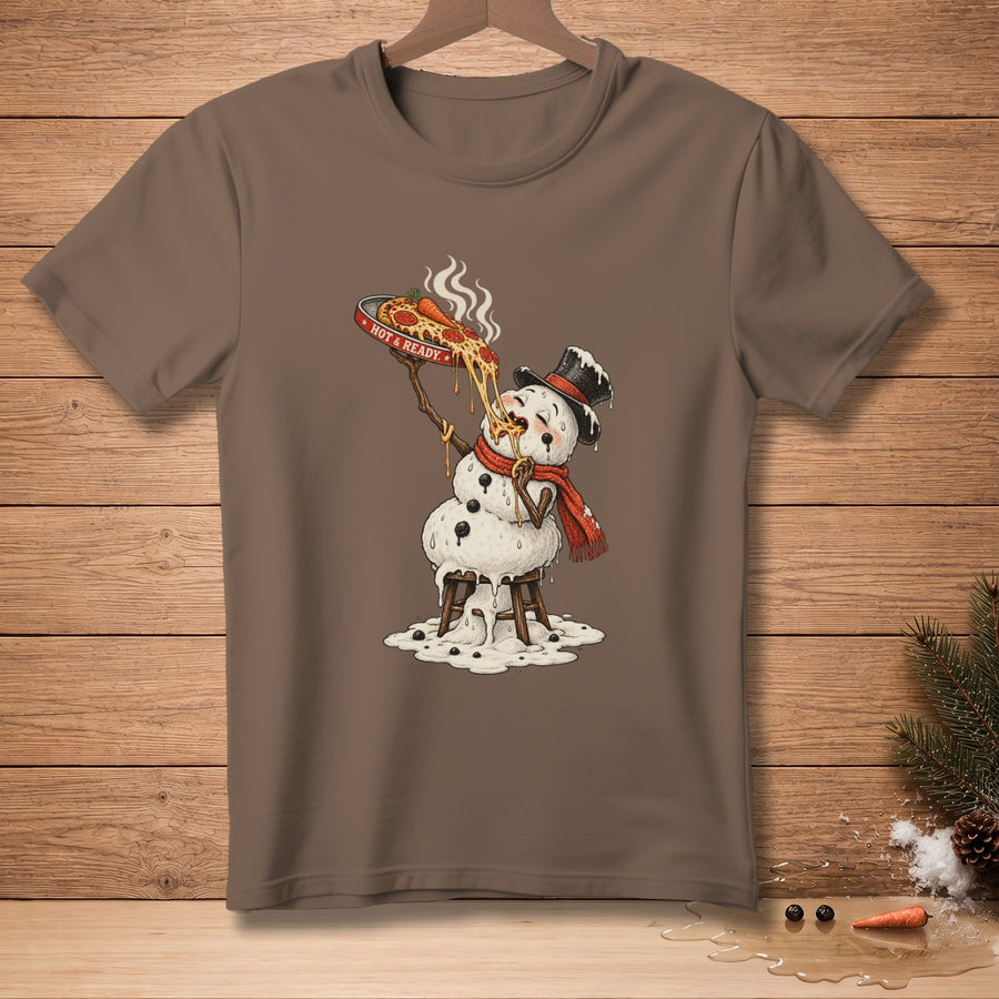 Melting snowman eating hot pizza from a pan with "HOT & READY" text.