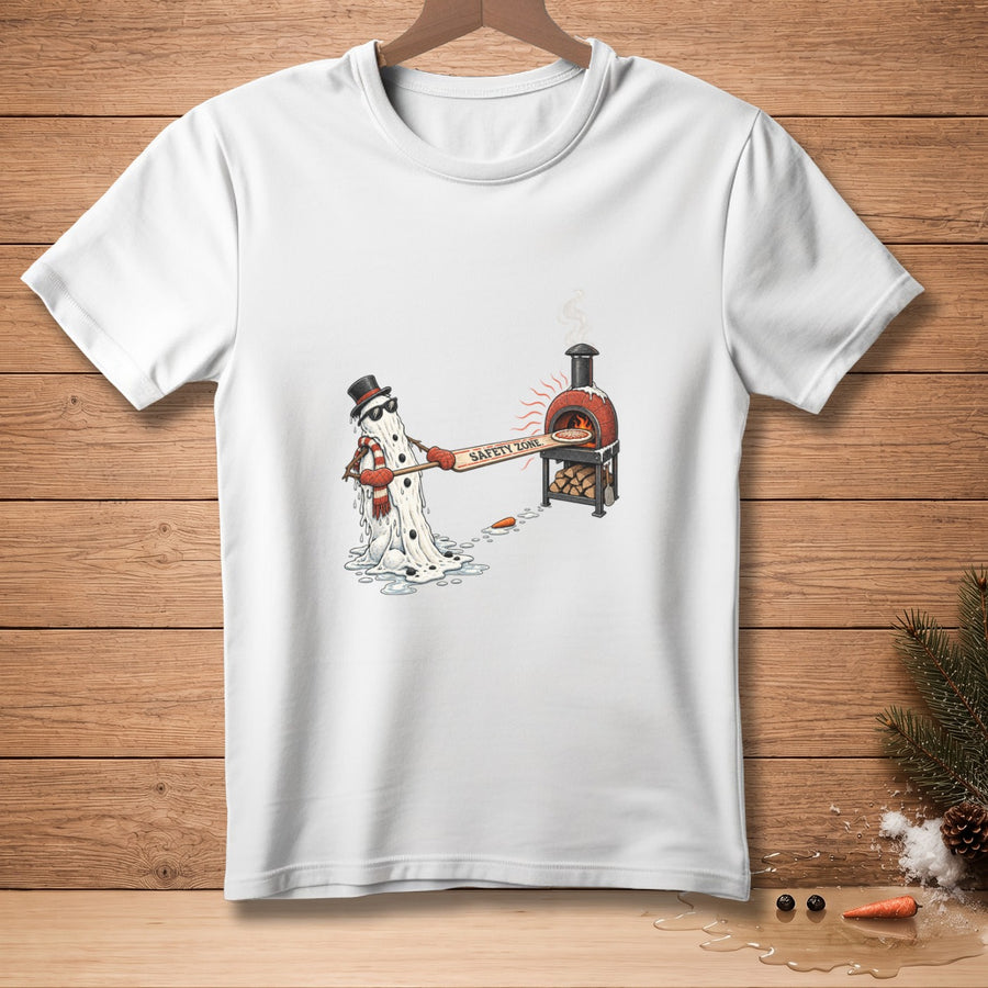 Melting snowman with pizza oven, wearing sunglasses and scarf, holding "SAFETY ZONE" sign.