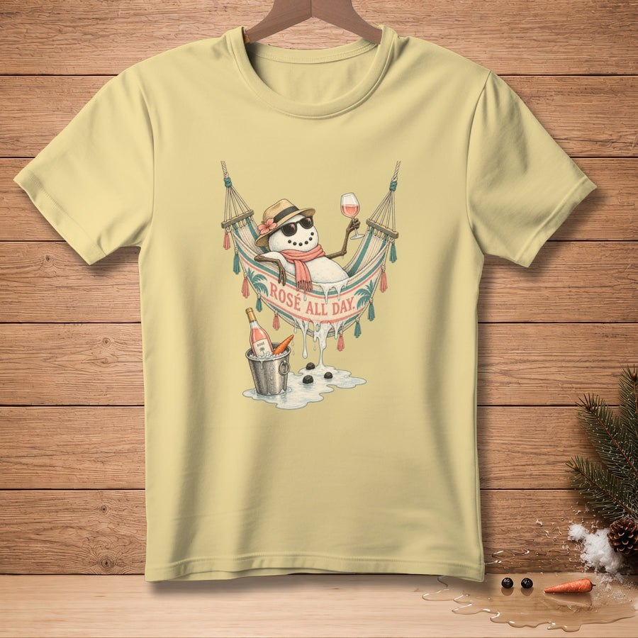 Snowman relaxing in hammock with wine, "Rosé All Day" text.