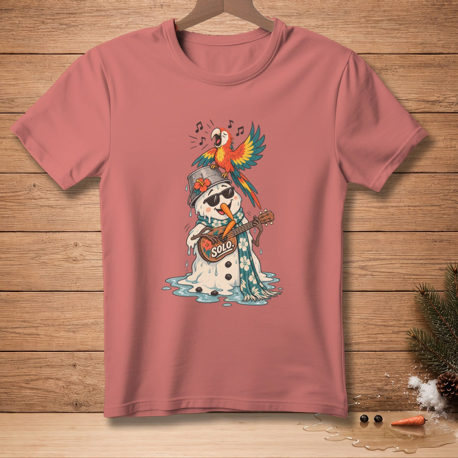 Snowman wearing sunglasses playing guitar with parrot on head, on pink t-shirt.