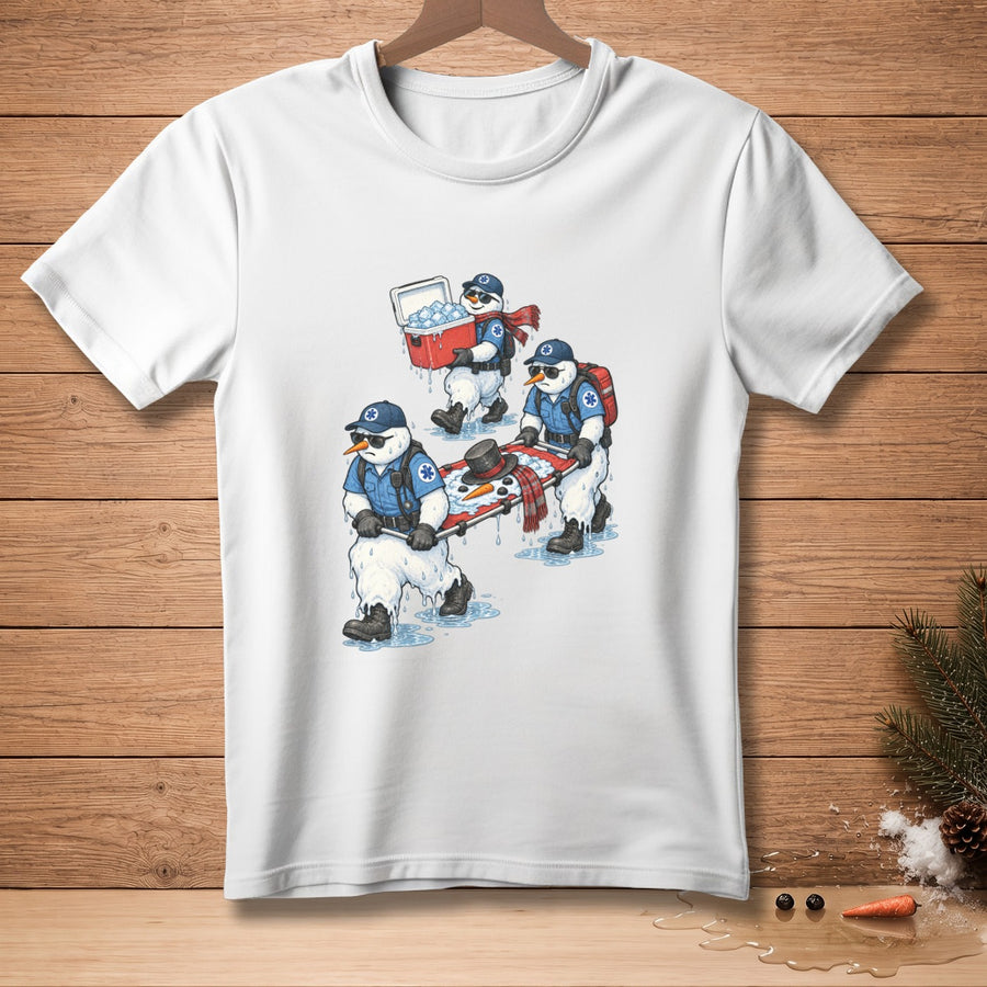 Snowmen paramedics carry a melting snowman on a stretcher, another holds a cooler.