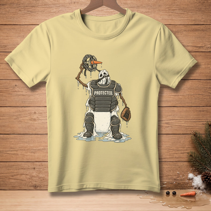 A melting snowman catcher wears protective gear and holds a baseball mitt and helmet.