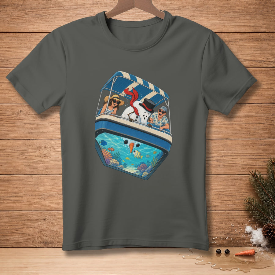 Snowman and people in a boat with an underwater aquarium viewing window.