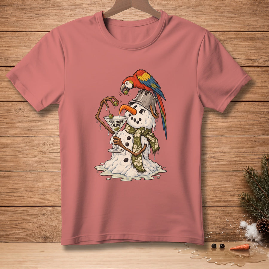 T-shirt with melting snowman, parrot on bucket hat, and martini glass with text.