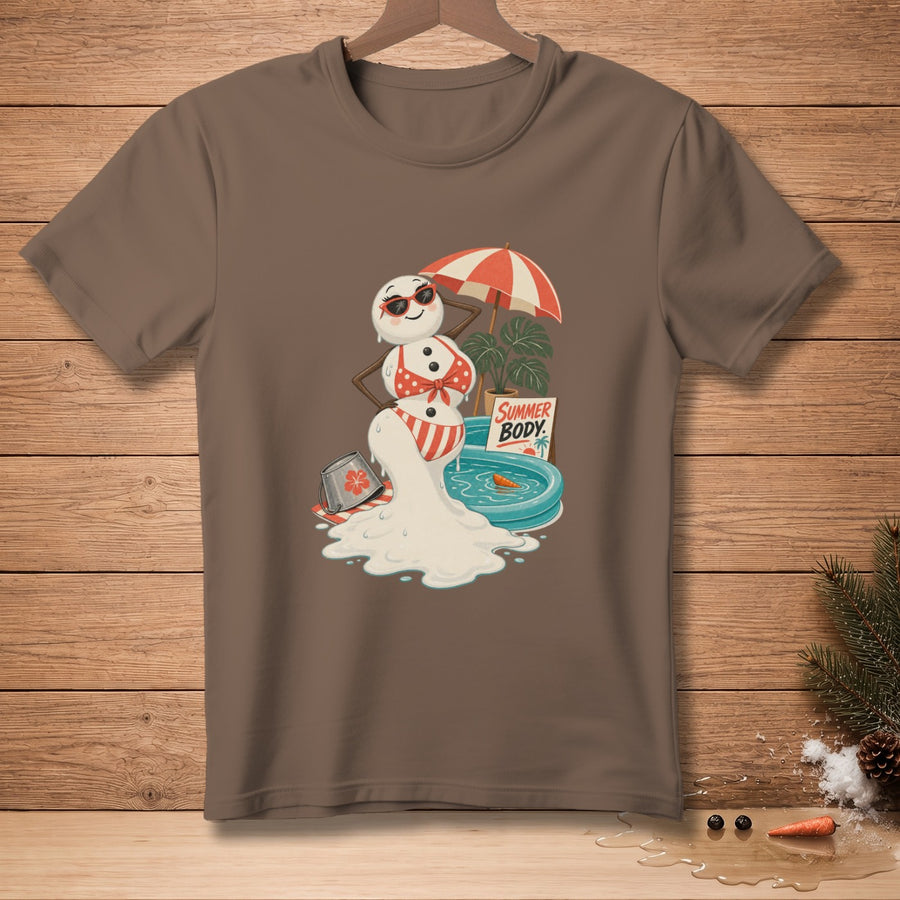 Snowman melting in a kiddie pool, wearing a bikini and sunglasses, with umbrella and text "SUMMER BODY".