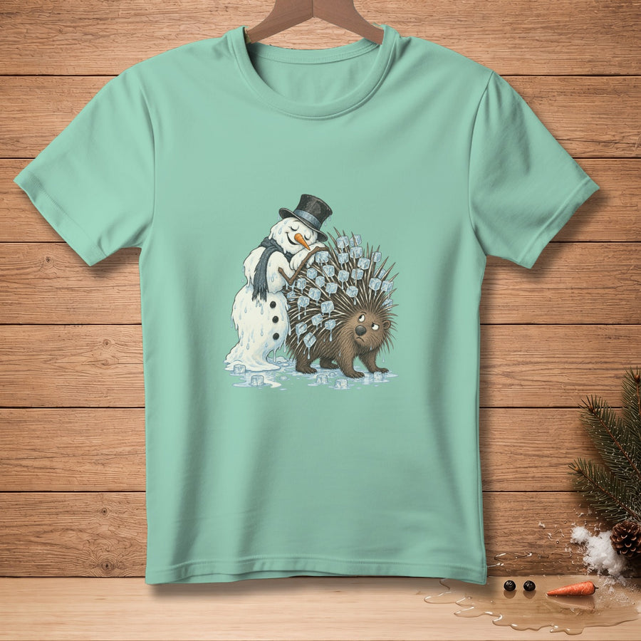 Snowman melting on a porcupine covered in ice cubes and puddles.