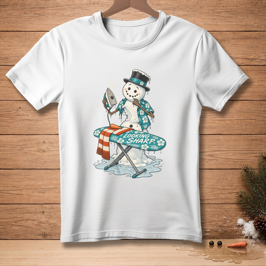 Snowman ironing a scarf with "Looking Sharp" text on an ironing board.