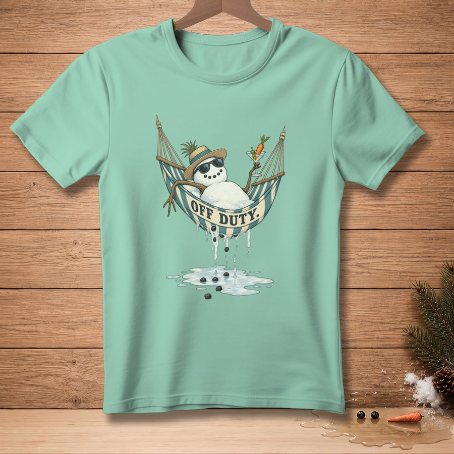 Snowman in a hammock with sunglasses and cocktail, text reads "OFF DUTY."