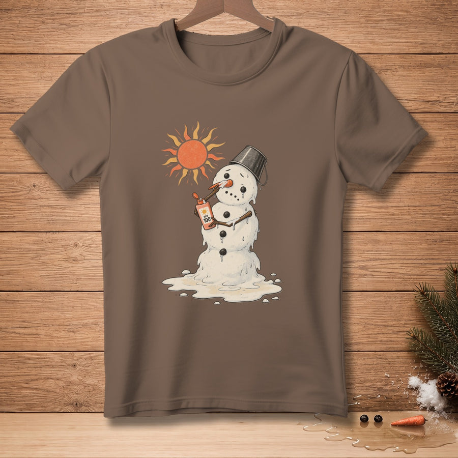 Melting snowman applying SPF 100 sunscreen under a hot sun.