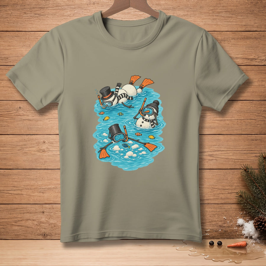 T-shirt with cartoon snowmen snorkeling and swimming with fish.